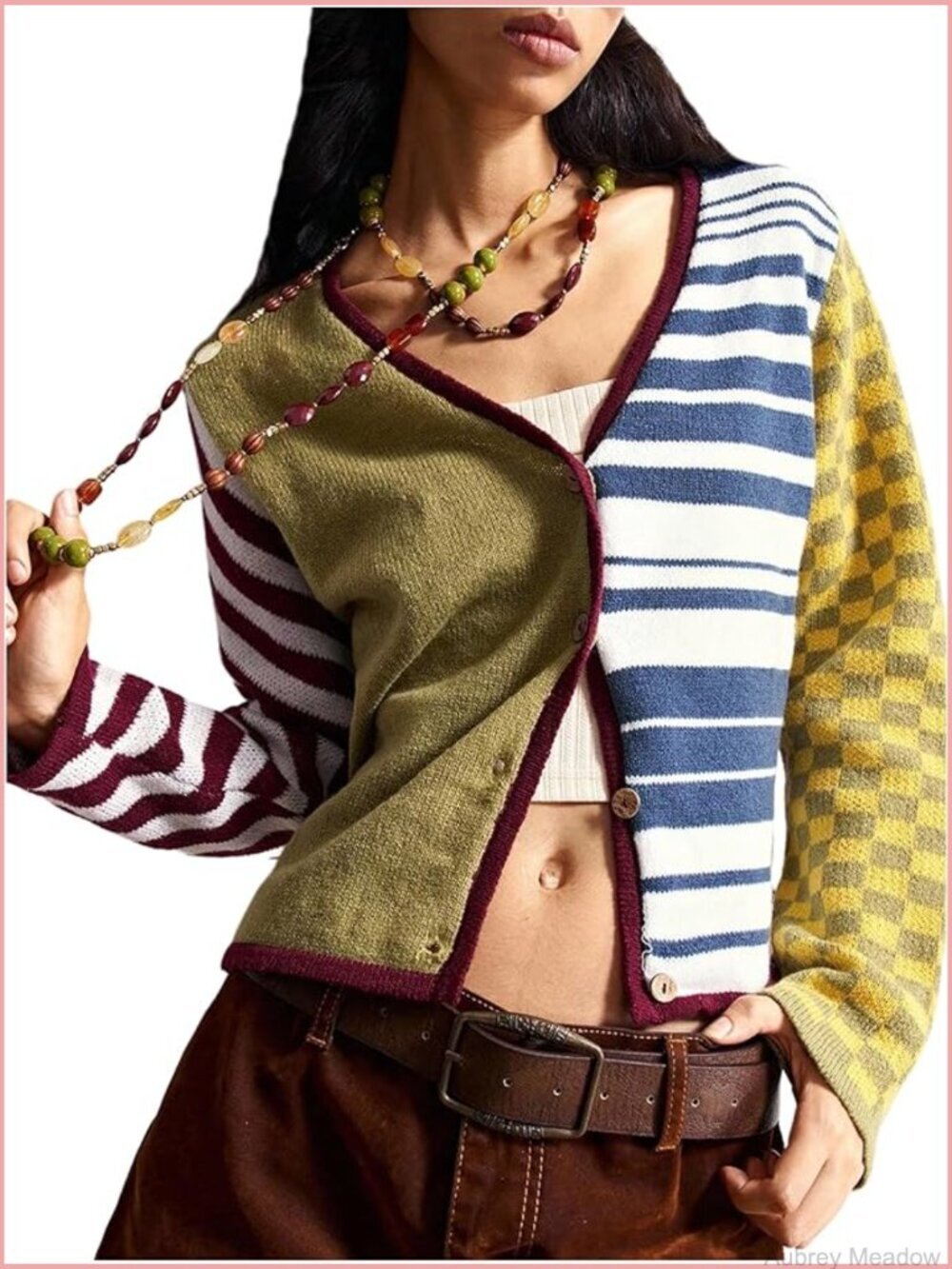 Color Block Patchwork Cardigan Sweater Button Down Long Sleeve V-Neck Jumper